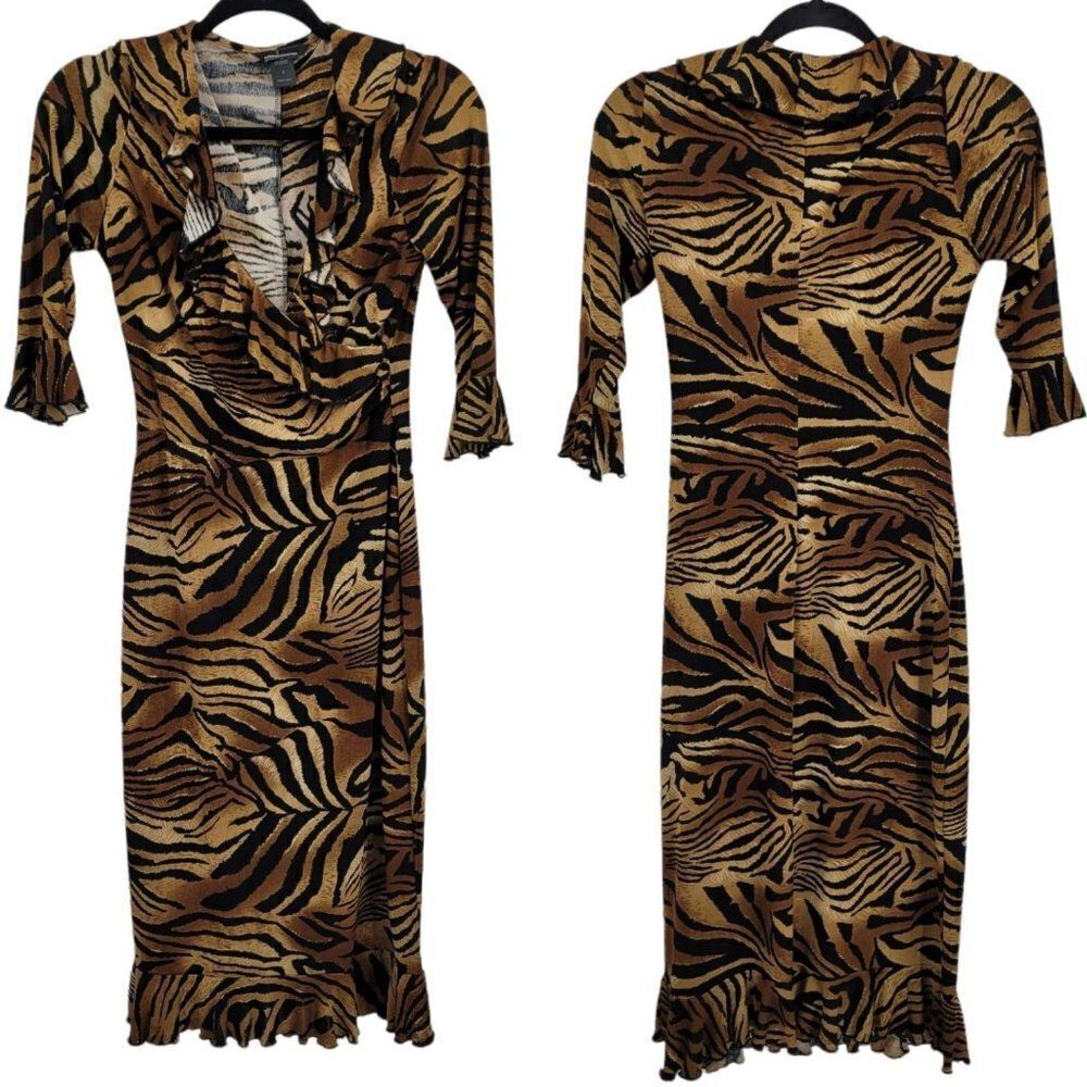 Vtg 90's Moda International Dress Funky Sexy Animal Ruffle Surplice Brown Sz 2